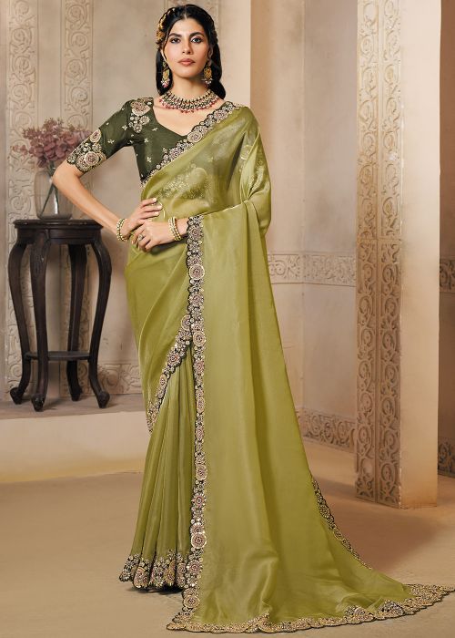 Green Organza Saree With Dual Sequins Work