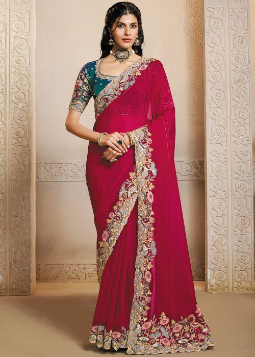 Rani Pink Satin Saree With Thread Embroidery