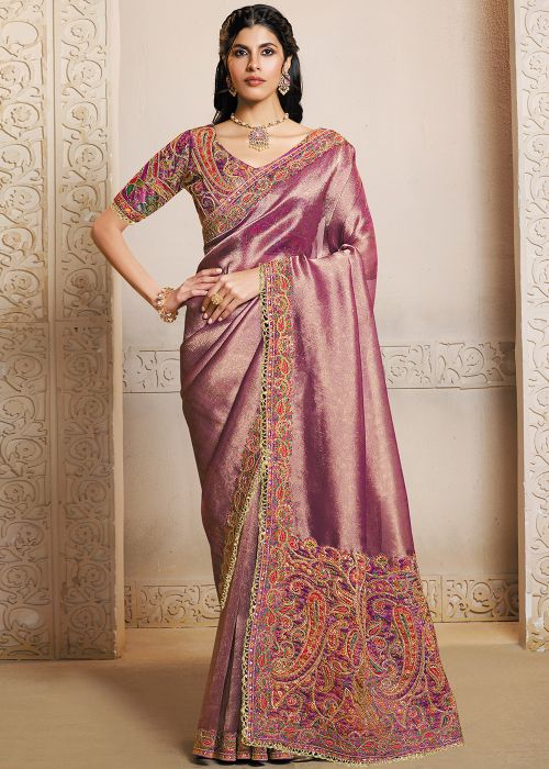 Mauve Purple Kanjivaram Silk Saree With Handwork