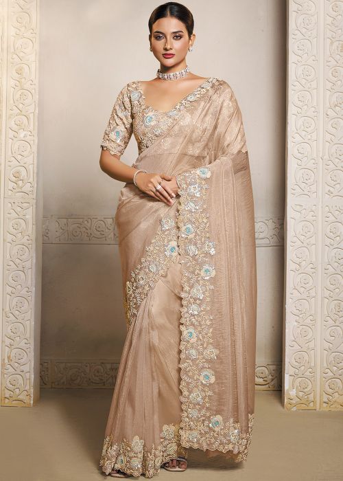 Dusty Peach Organza Saree With Dual Sequins Work