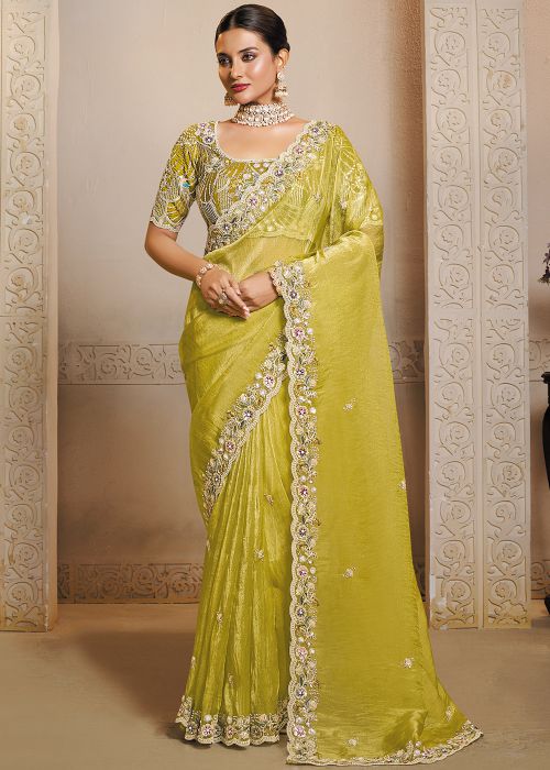 Yellow Organza Saree With Handworked Border