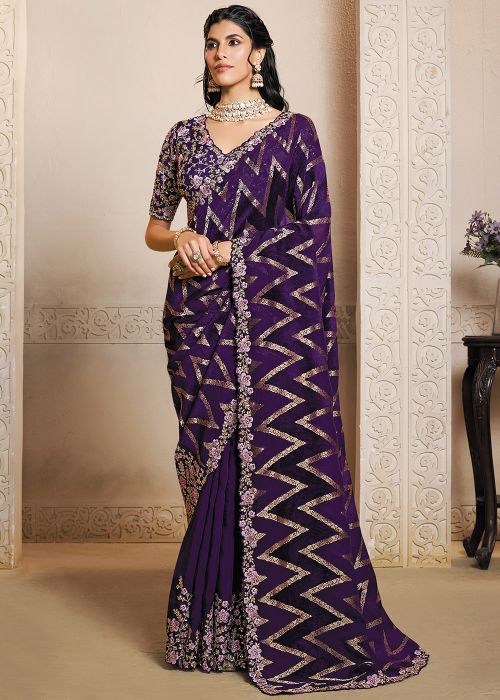 Purple Jacquard Saree With Stone Hand Embroidery