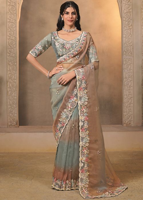 Shaded Grey Organza Saree With Scalloped Border
