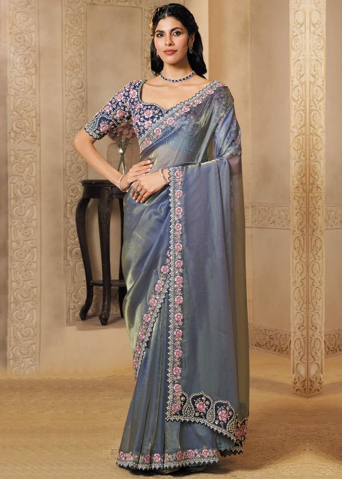 Grey Organza Saree With Embroidered Blouse