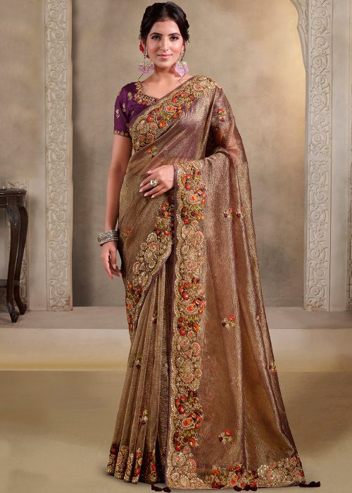 Dual Tone Wine Tissue Saree With Zari Detailing