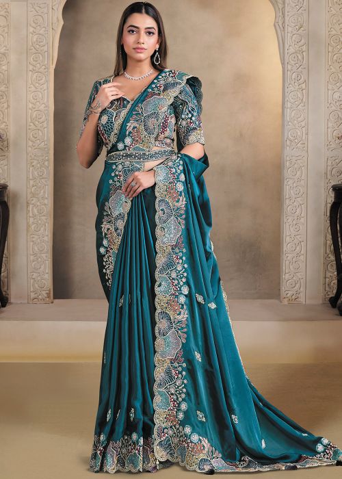 Blue Satin Saree With Handwork Embroidery