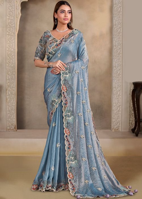 Dul Tone Blue Saree With Sparkling Handwork