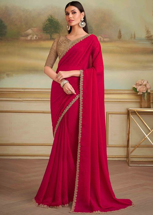 Red Georgette Saree With Dori Border