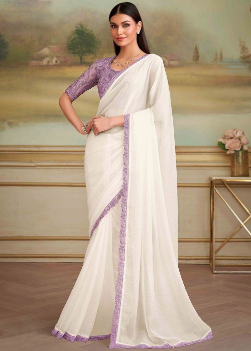Off White Georgette Saree With Lavender Border