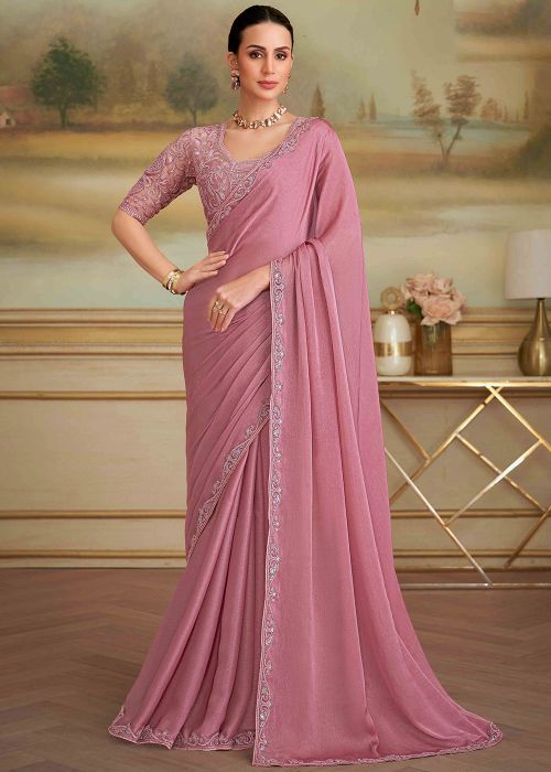 Dusty Rose Pink Georgette Saree With Lace Sequins