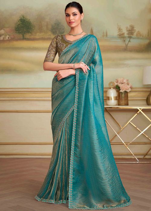 Turquoise Georgette Saree With Sequins Edge