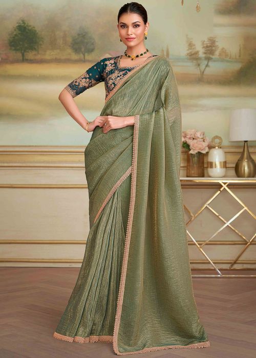 Sage Green Georgette Saree With Threaded Border