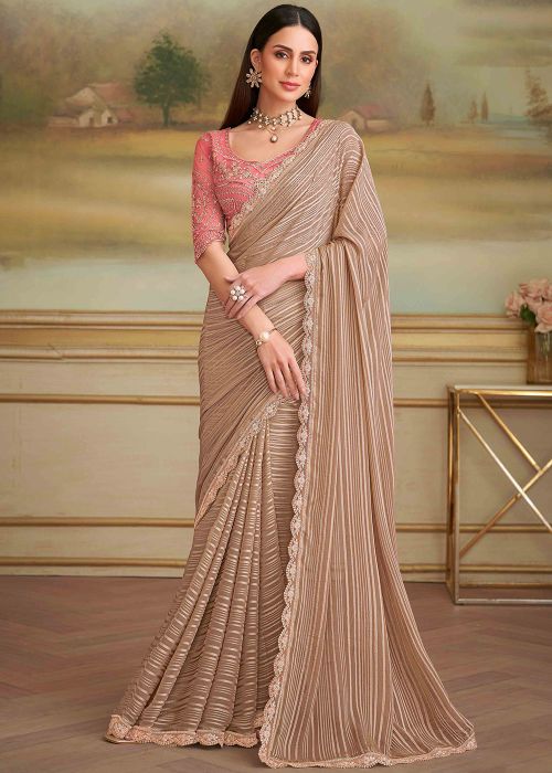 Beige Georgette Saree With Sequins Trim
