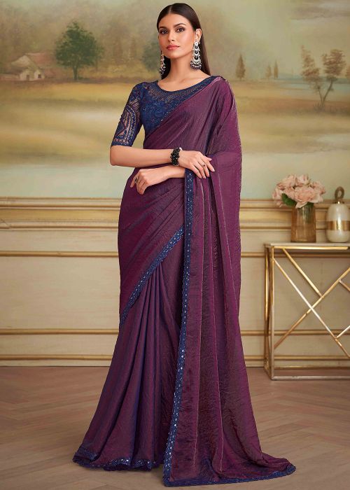 Purple Georgette Saree With Navy Lace Detail