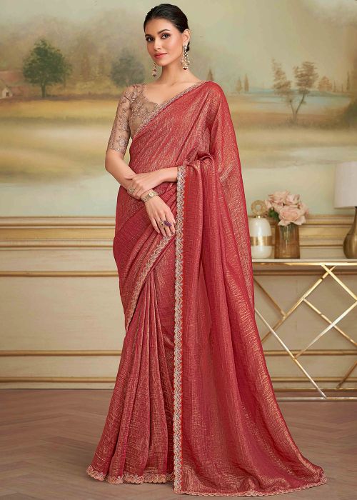 Red Georgette Saree With Embroidered Blouse