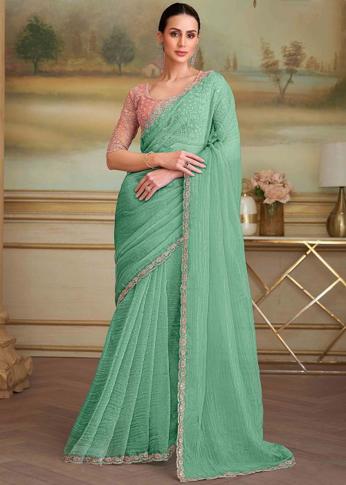 Seafoam Green Tissue Saree With Sequins Edge