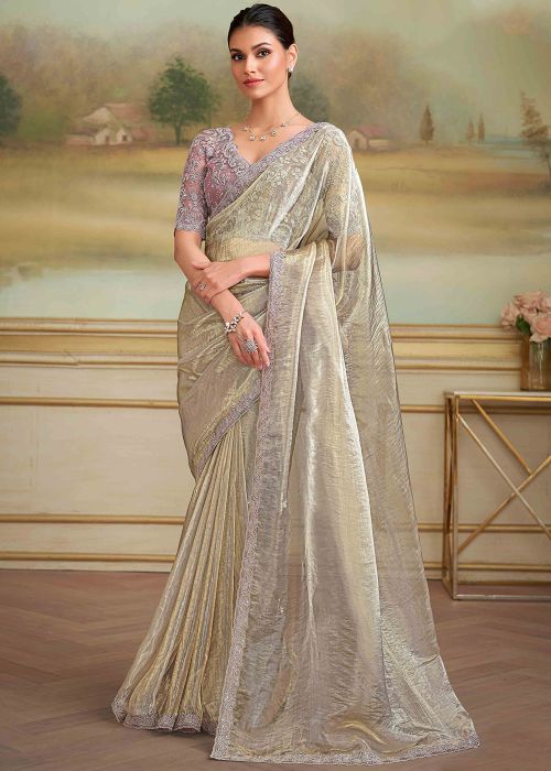 Light Golden Tissue Saree With Lace Sequins