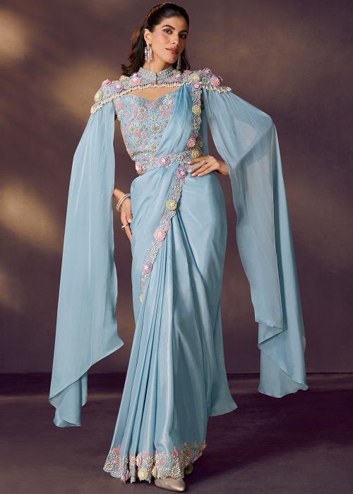 Ice Blue Satin Pre-Stitched Saree With Cape