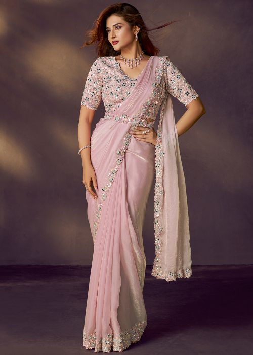 Blush Pink Satin Pre-Stitched Saree With Belt