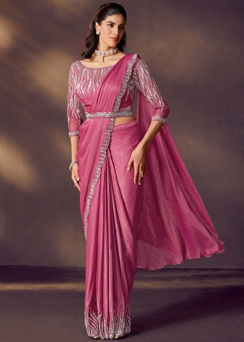 Pink Satin Pre-Stitched Saree With Beaded Trim
