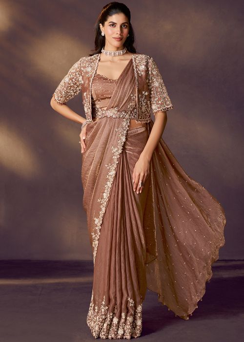 Brown Satin Pre-Stitched Saree With Jacket Set