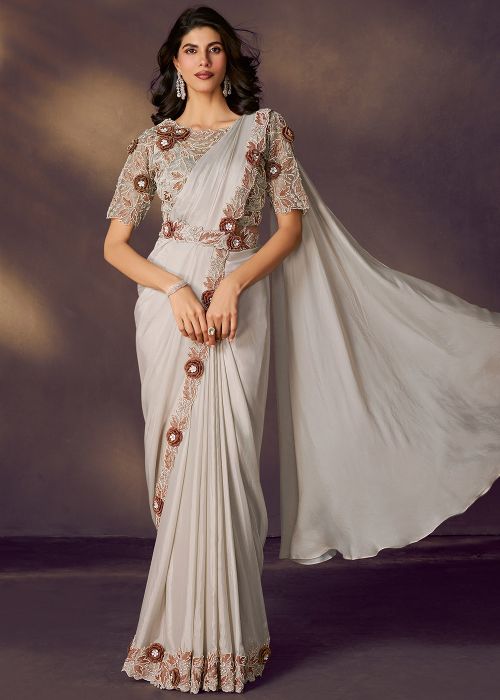 Grey Satin Pre-Stitched Saree With Floral Applique