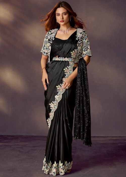 Black Satin Pre-Stitched Saree With Jacket & Belt
