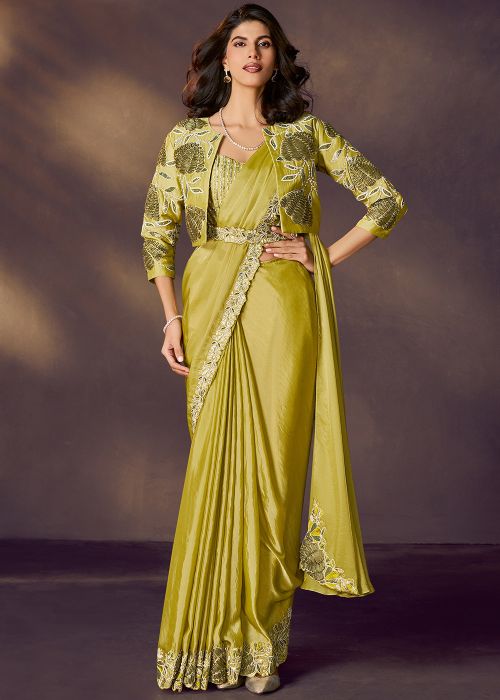 Fluorescent Green Pre-Stitched Saree With Embellished Jacket
