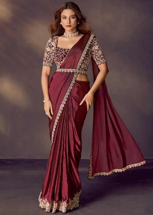 Wine Silk Pre-Stitched Saree With Stone Work Belt