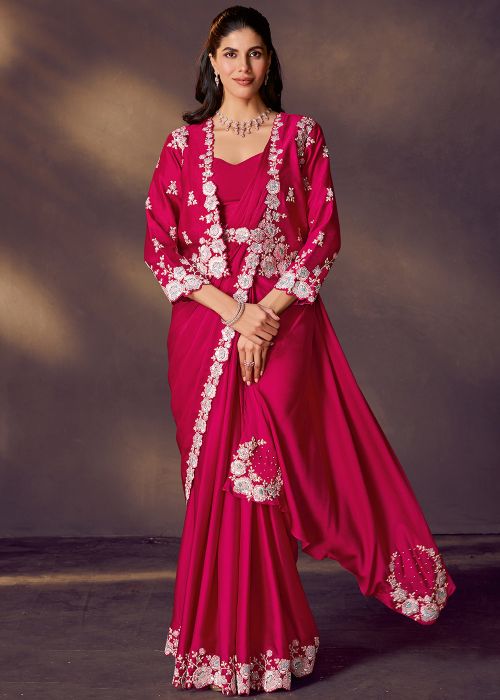 Rani Pink Satin Pre-Stitched Saree With Jacket