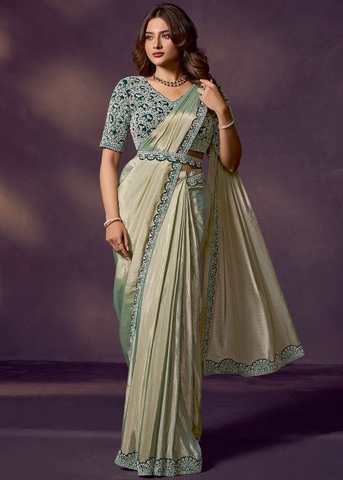 Pista Green Silk Pre-Stitched Saree With Beads Work
