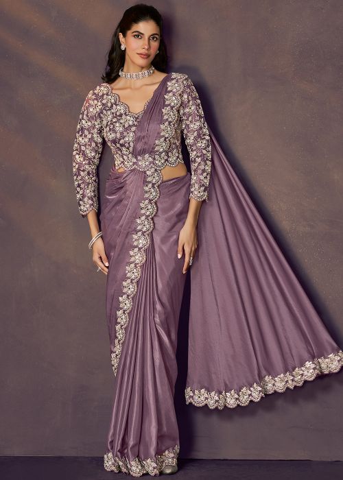 Lavender Satin Pre-Stitched Saree With Scallop Embroidery