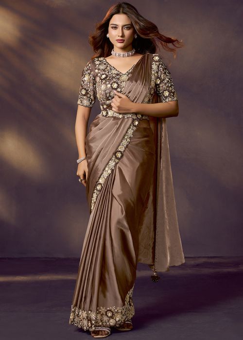 Brown Pre-Stitched Satin Saree With Sequinned Belt