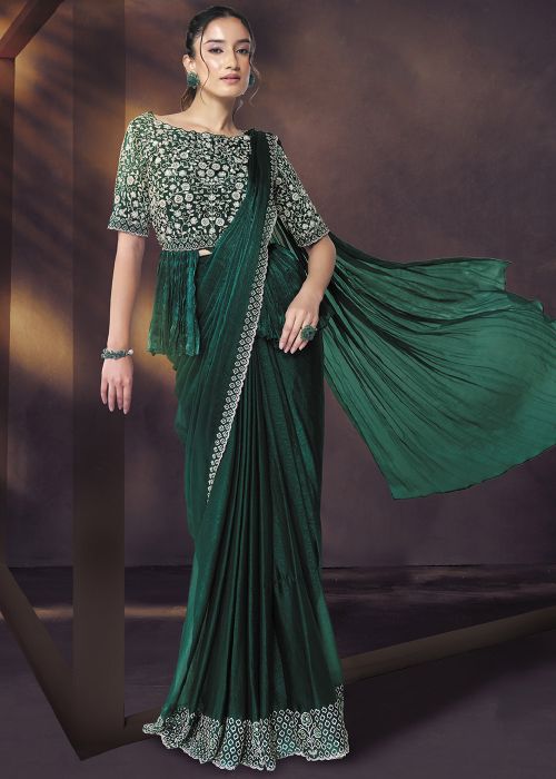 Emerald Green Pre-Stitched Chiffon Saree With Belt