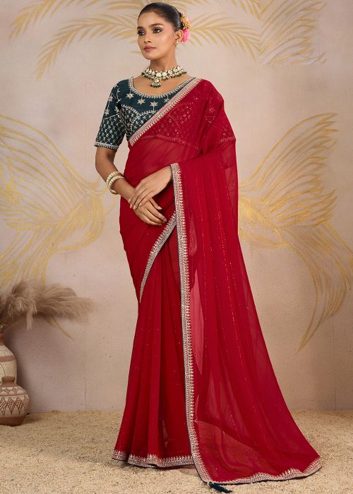 Red Georgette Saree With Sequins Border