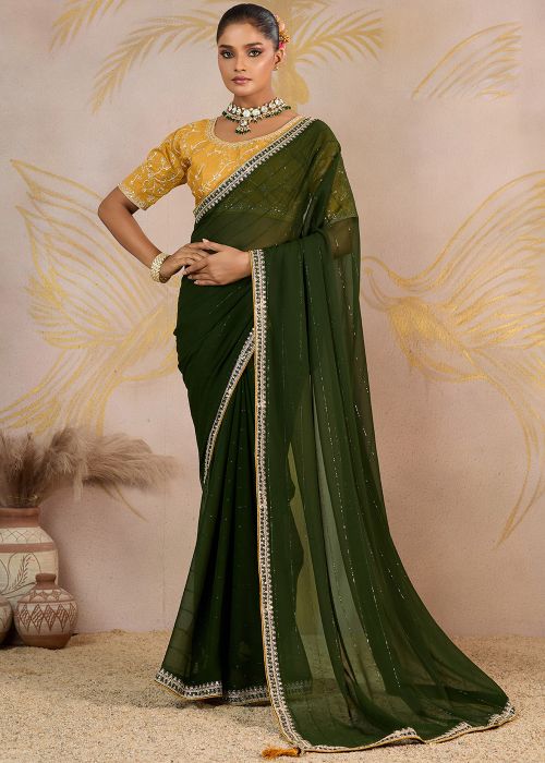 Bottle Green Georgette Saree With Zari Trim