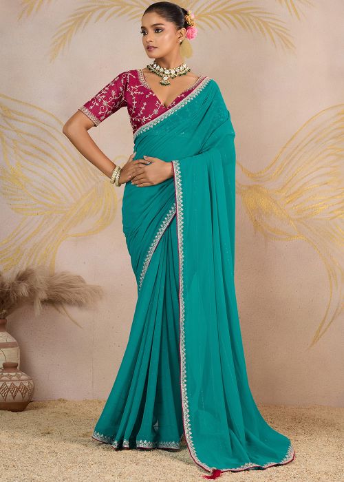 Blue Georgette Saree With Sparkle Border
