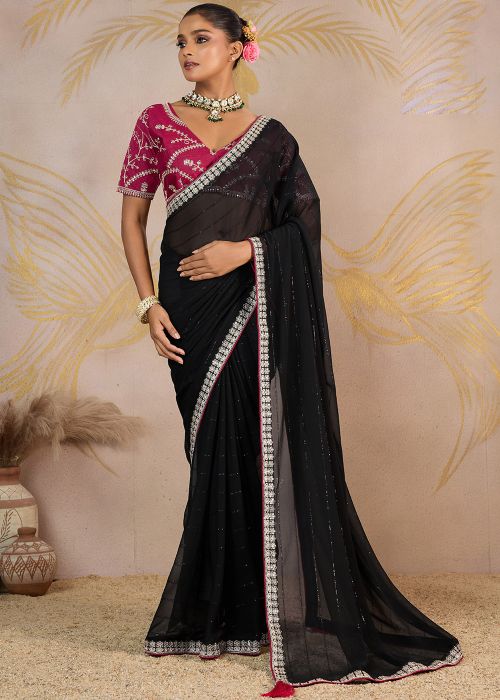 Black Georgette Saree With Diamond Sequins