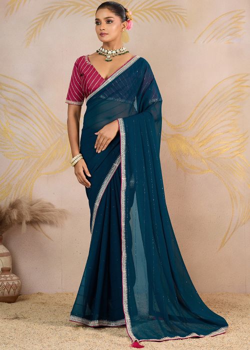 Teal Blue Georgette Saree With Sequin Edge