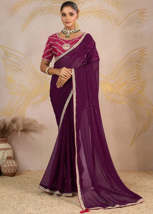 Purple Georgette Saree With Shimmer Border