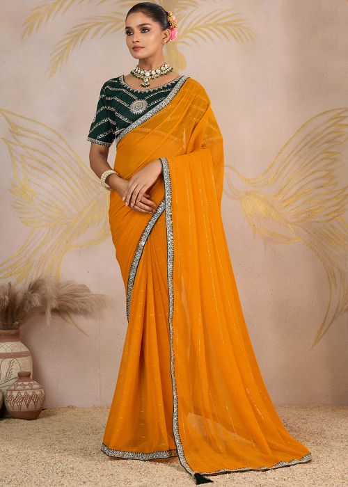 Mustard Yellow Georgette Saree With Zari Border