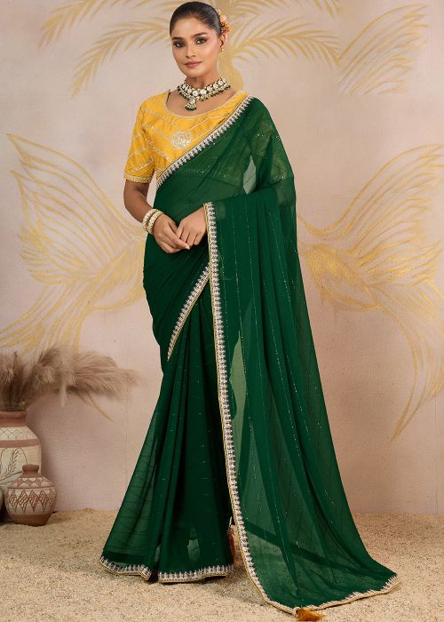 Dark Green Georgette Saree With Sequin Trim