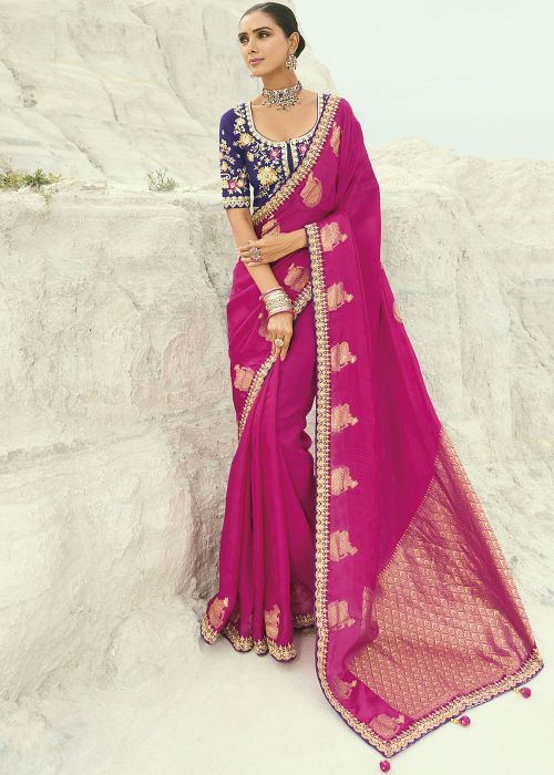 Pink Organza Saree With Zari Woven Border
