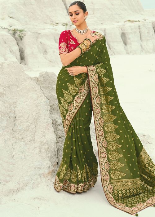 Green Dola Silk Saree With Zari Butti Border