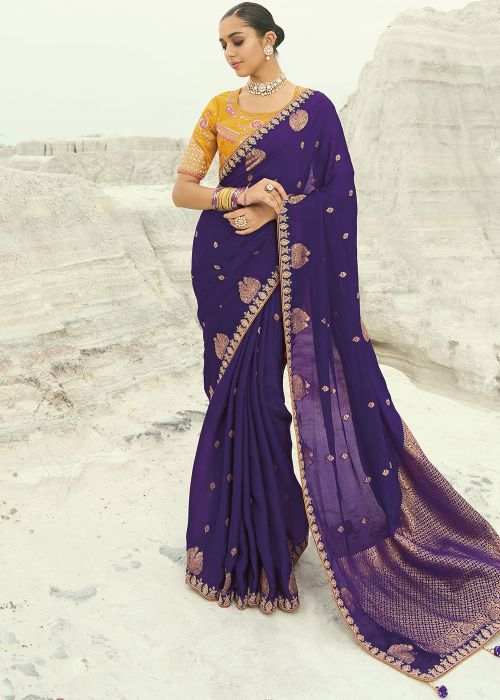 Royal Purple Organza Saree With Zari Motifs