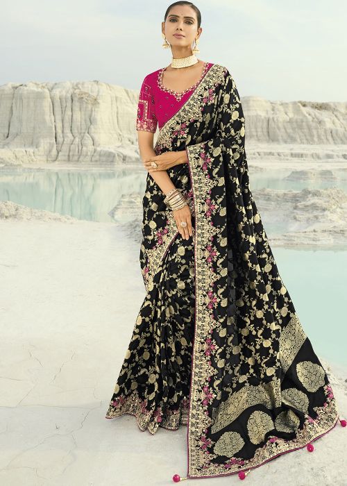 Black Dola Silk Saree With Antique Zari Floral