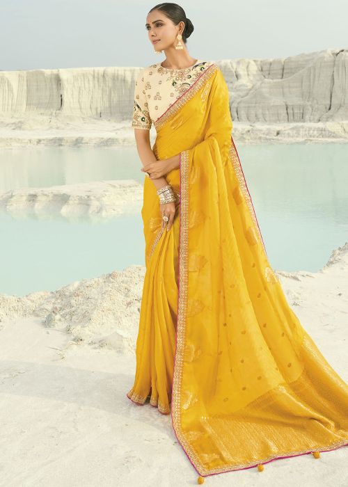 Yellow Organza Saree With Sequin Zari Border