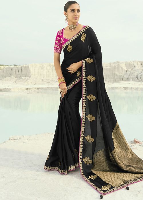 Black Organza Saree With Gold Motif Border