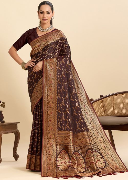 Brown Art Silk Saree With Zari Woven Work