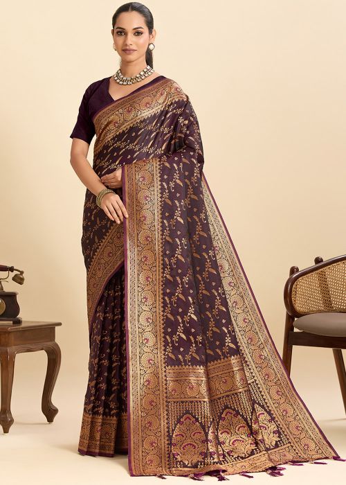 Wine Art Silk Saree With Golden Zari Work